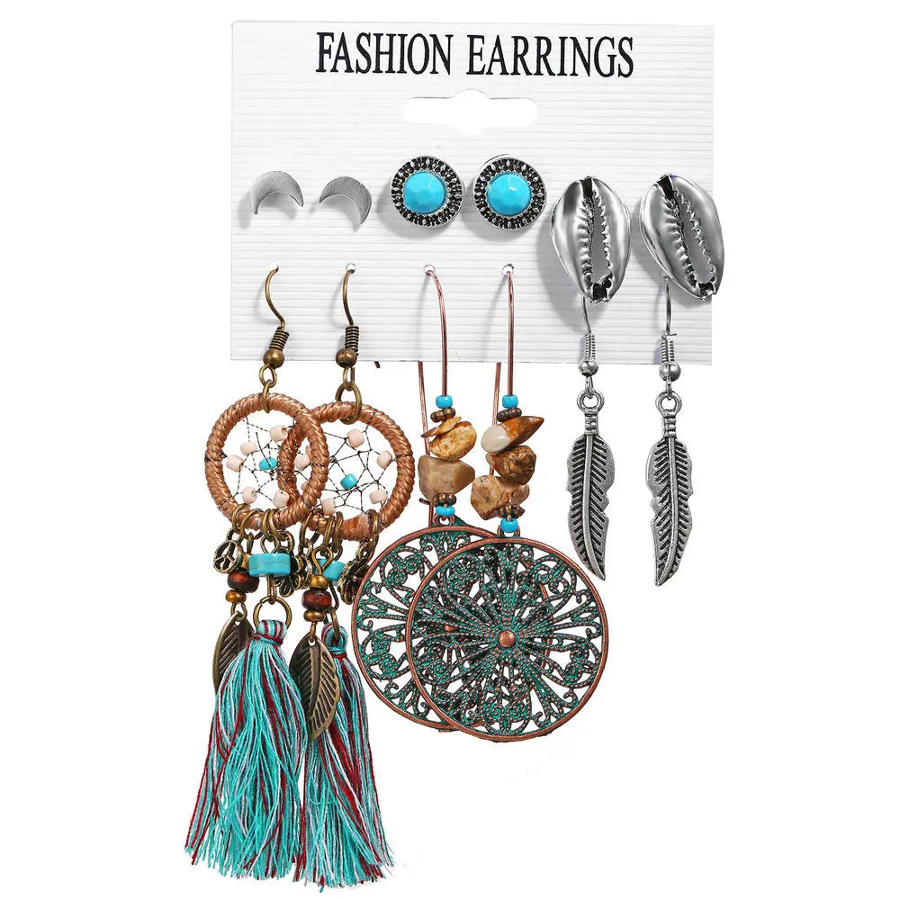 Fashion Simple Shell Stud Feather Earrings Set 6 Pairs Creative Retro Style Ethnic Earrings Set Hot Sales