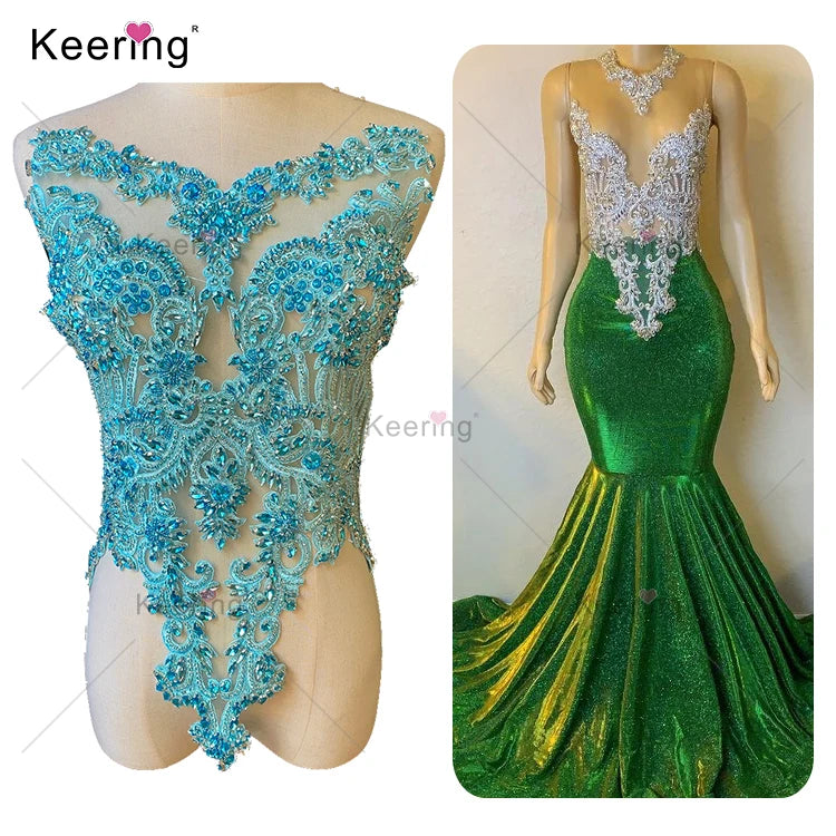 Keering WDP-295 Bridal Crystal Beaded Fringe Rhinestone Wedding Bodice Sash Applique for Bridal Bridesmaid Party Evening Dress