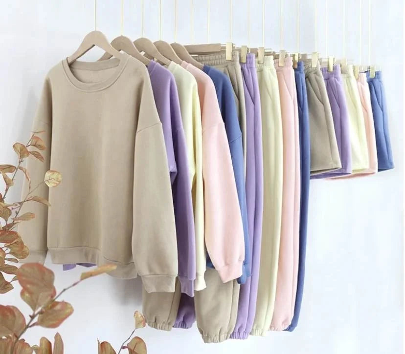 Wholesale Custom  Women Set Women's Jogger Fleece Loose Pants and Shorts and Crew Neck Sweatshirt Sets