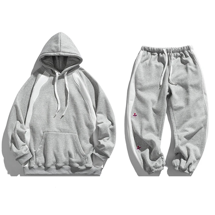 Men Tracksuit OEM Custom Contrast Stitching Casual Set Plush Patch Oversize Vintage Hip Hop Sportswear Breathable Winter