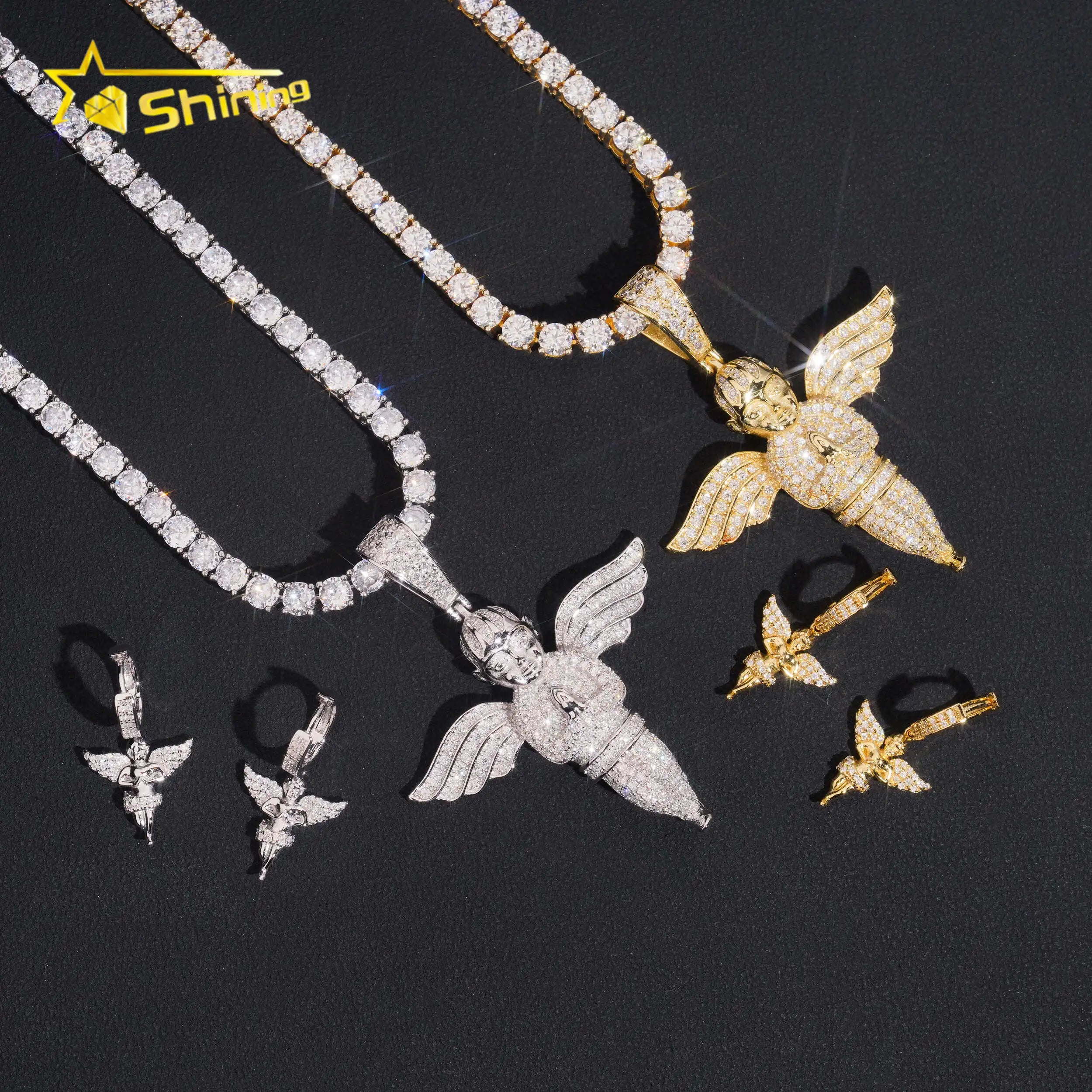 Factory Wholesale Price RTS VVS Moissanite Iced Out 925 Silver 18K Gold Plated Pendant Necklace Earrings Jewelry Sets