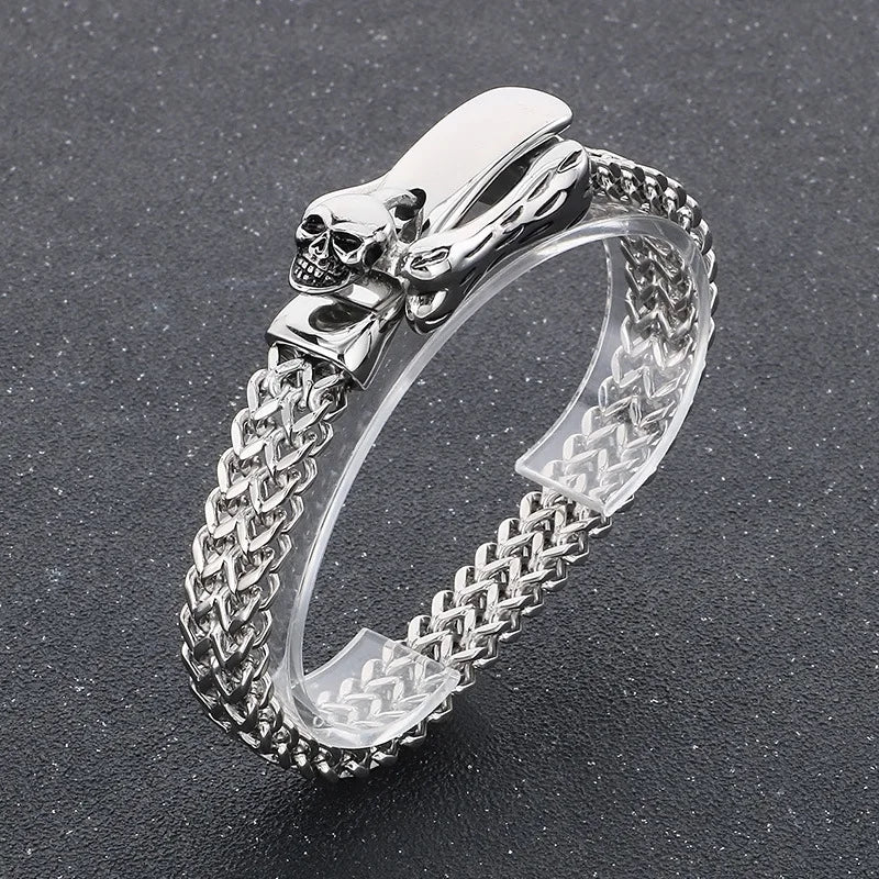 Luxury High Polished Double Layer Wheat Chain Bracelets Mens Charm Stainless Steel Skull Bracelet for Men Jewelry Gift