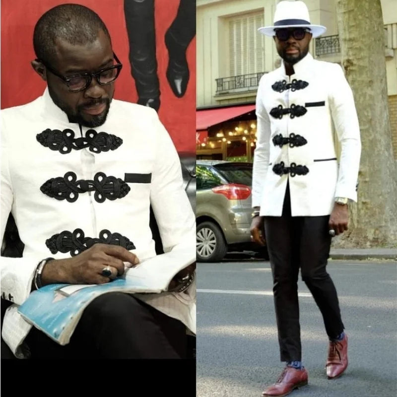 Vintage Chinese Stand Collar Men Suits White Jacket Black Pant Formal Best Groom Wedding Tuxedos 2 Pieces(Jacket+Pant)