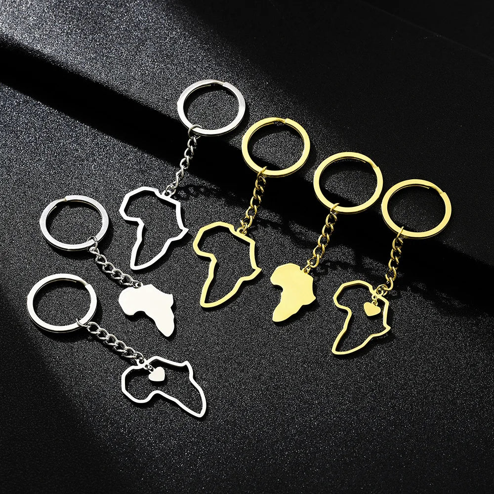 Manufacturer Stainless Steel Africa Map Charm Keychain 18K Gold Plated Stainless Steel Africa Map Pendant Key Chain