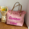 Women's Elegant Large Canvas Summer Beach Tote Bag Zipper Closure Tassel Fringe Foldable Handbag for Summer Essentials Letter