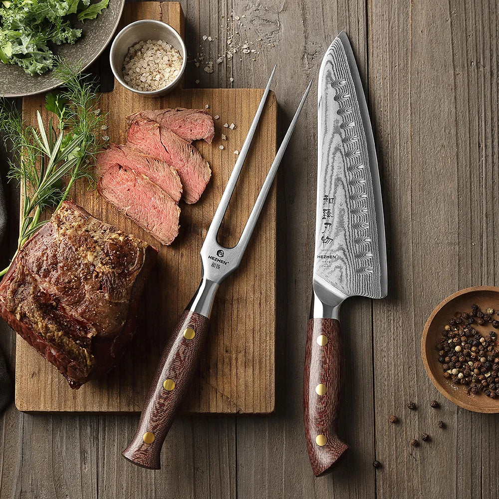 HEZHEN Granton Edge Chef Knife Carving Fork Set High Quality Damascus Steel Micarta Handle Sharp Kitchen Knives