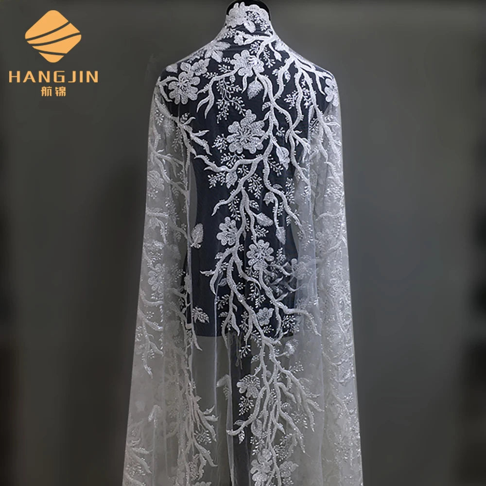 Embroidered Sequin Lace 3D Beaded Lace Fabric for Wedding Evening Dress White Bridal Fabric Embroidered Lace Tulle Fabric