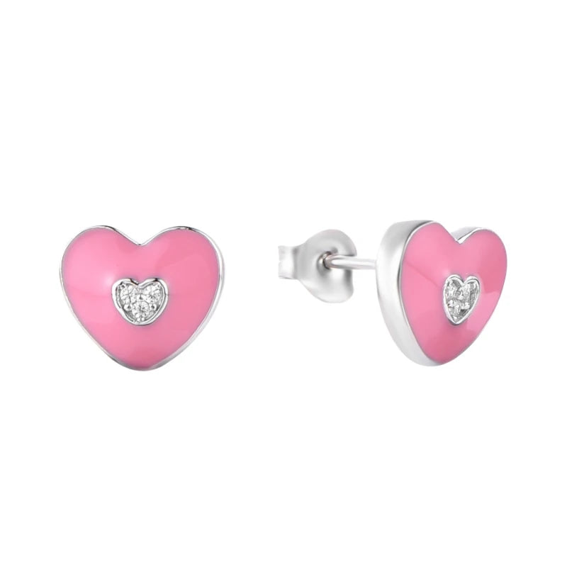 Charming Pink Enamel Heart Stud Earrings 925 Sterling Silver Rhodium Plated CZ Heart Stud Earrings for Valentine's Day Gift