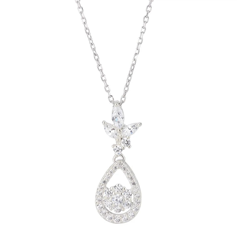 Luxurious Women's 925 Sterling Silver Full Diamond Pendant Pear Shaped Lotus Cubic Zirconia for Weddings Engagements Necklace