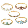 G1316 Natural Moonstone Tourmaline 14K Gold Open Bangle Jewelry Emerald a Aquamarine Strawberry Crystal Pearls Cuff Bracelet