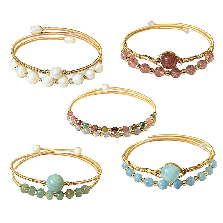 G1316 Natural Moonstone Tourmaline 14K Gold Open Bangle Jewelry Emerald a Aquamarine Strawberry Crystal Pearls Cuff Bracelet