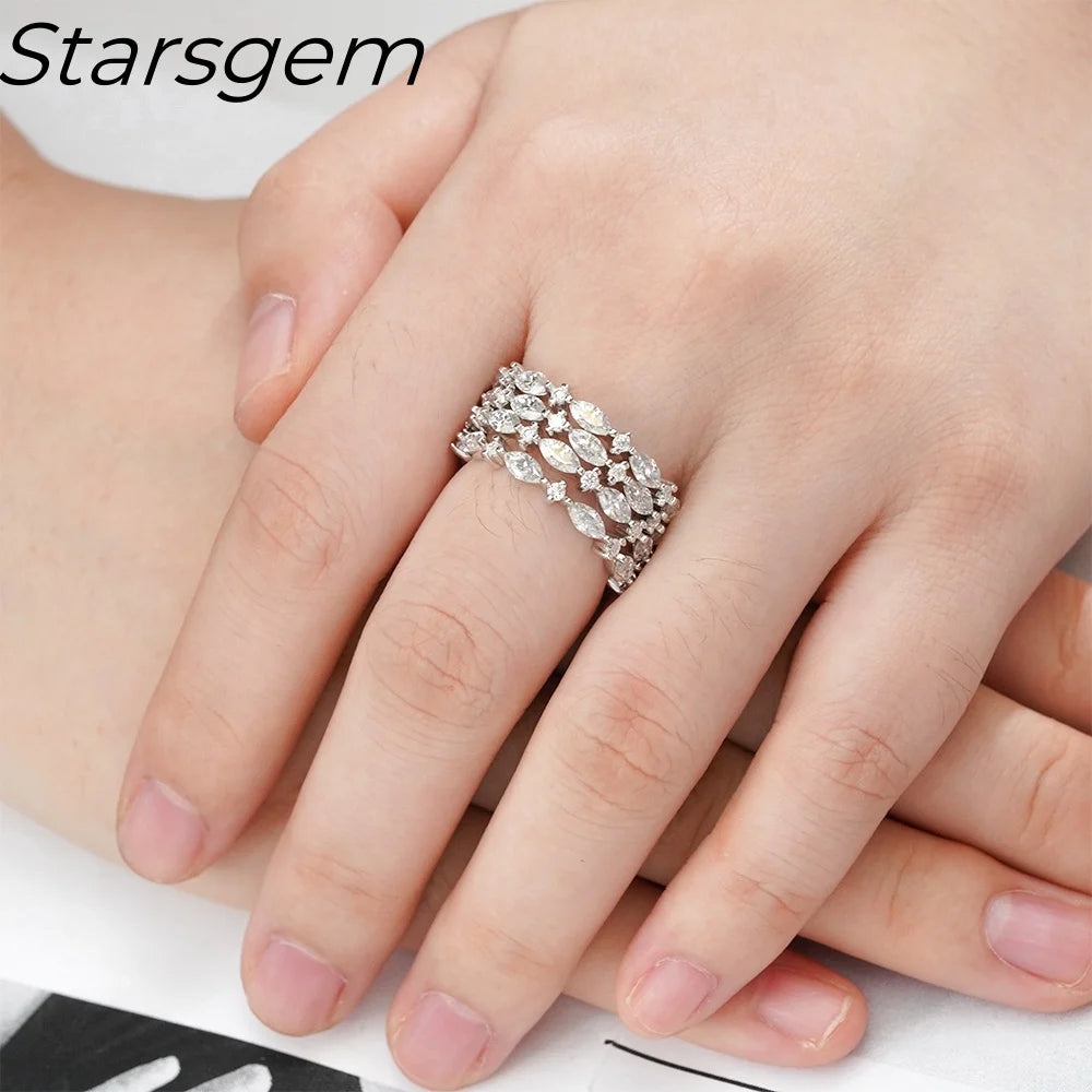 Moissanite Marquise Shape Wedding Band Ring Silver Plated White Gold Moissanite Rings DEF VVS Confetti Band Custom Size