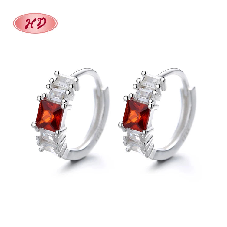 Fashion Jewelry Wholesalers Red Cubic Zirconia Classic S925 Sterling Silver Huggie Earring for Women Jewellery