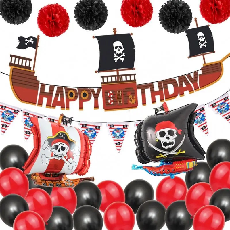 Black Red Pirate Party Supplies Banner Balloon Tissue  Paper Flower Pom Poms Kids Birthday Pirate Themed Party Decorations X9297
