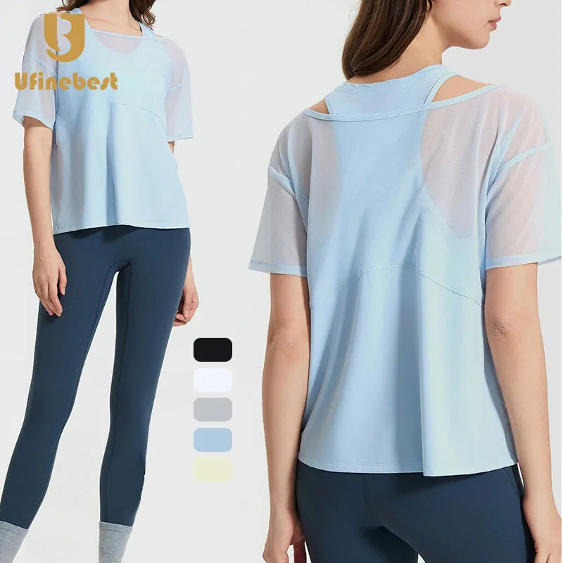Custom logo Quick Drying Running Women'S Loose Sports Short Sleeved T-Shirt False Two-Piece Breathable Fitness Yoga Top