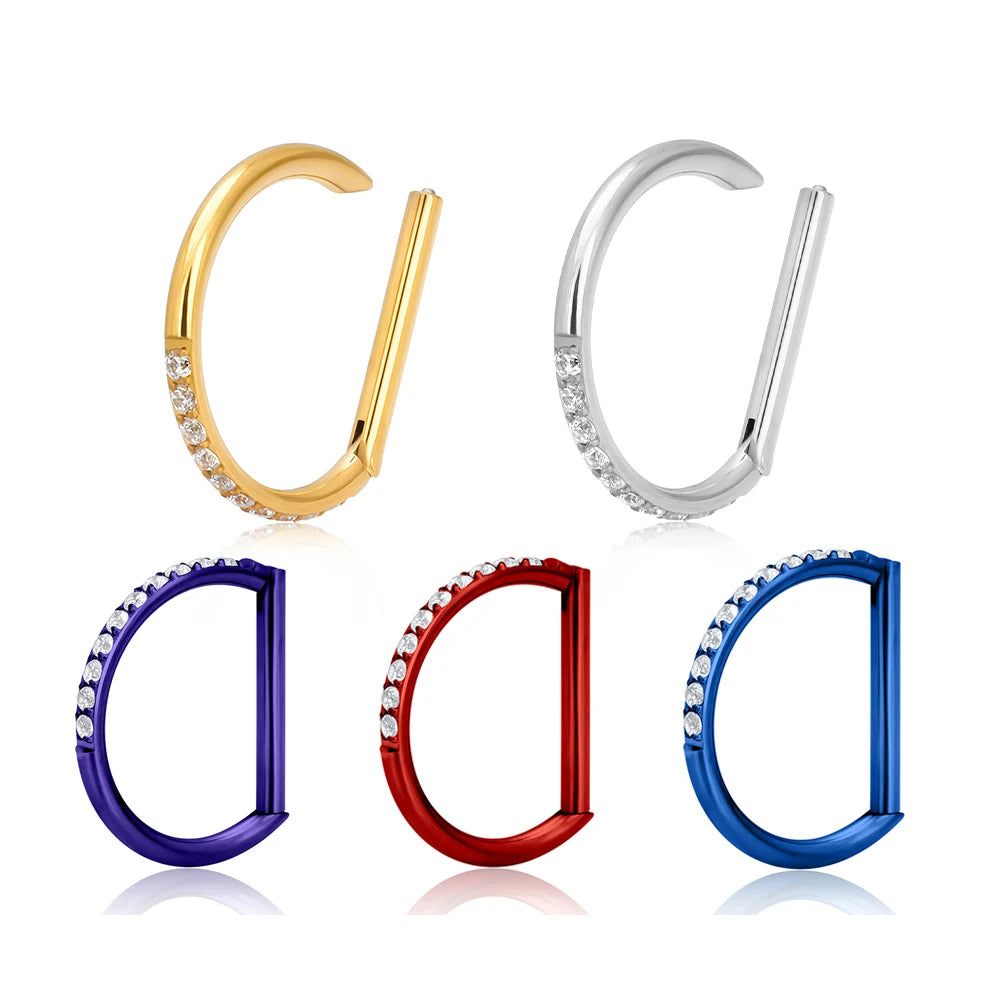 ASTM Titanium Nose Ring CZ Pave D Shape Segment Ring Clicker 16G 8/10/12mm Cartilage Tragus Helix Conch Earring Piercing Jewelry