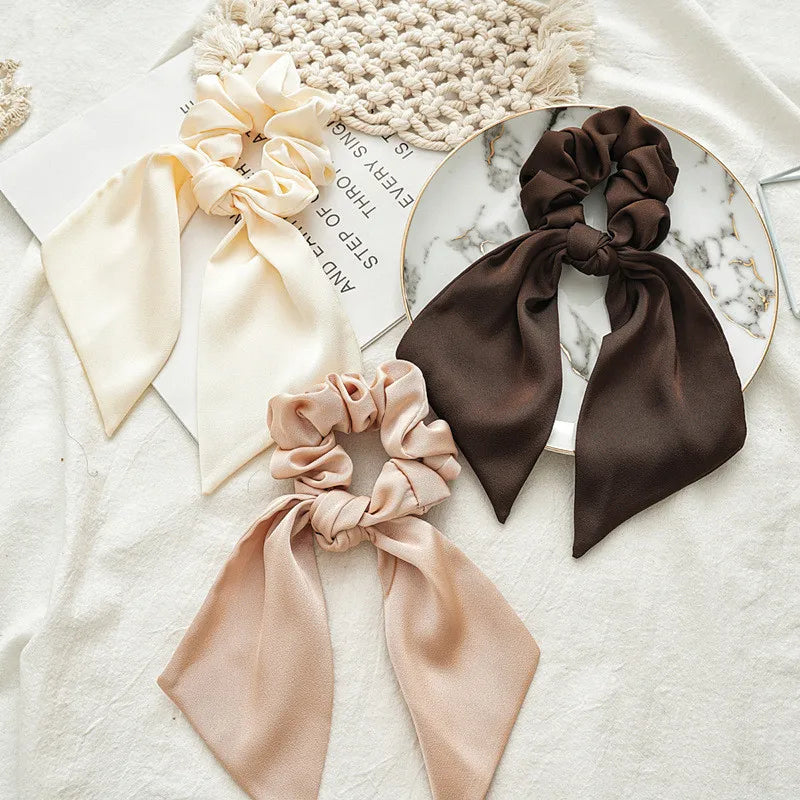 Solid Color Silk Hair Scrunchies with Tail Popular Women Bow Elastic Hair Band Satin Hair Ties