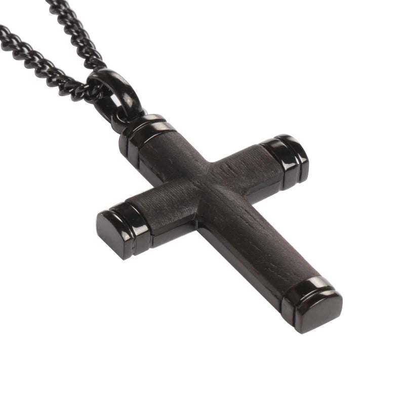 Tizti Jesus Stainless Steel Black Cross Necklace for Men Ebony Wood Inlay Fashion Mens Necklace with Pendant