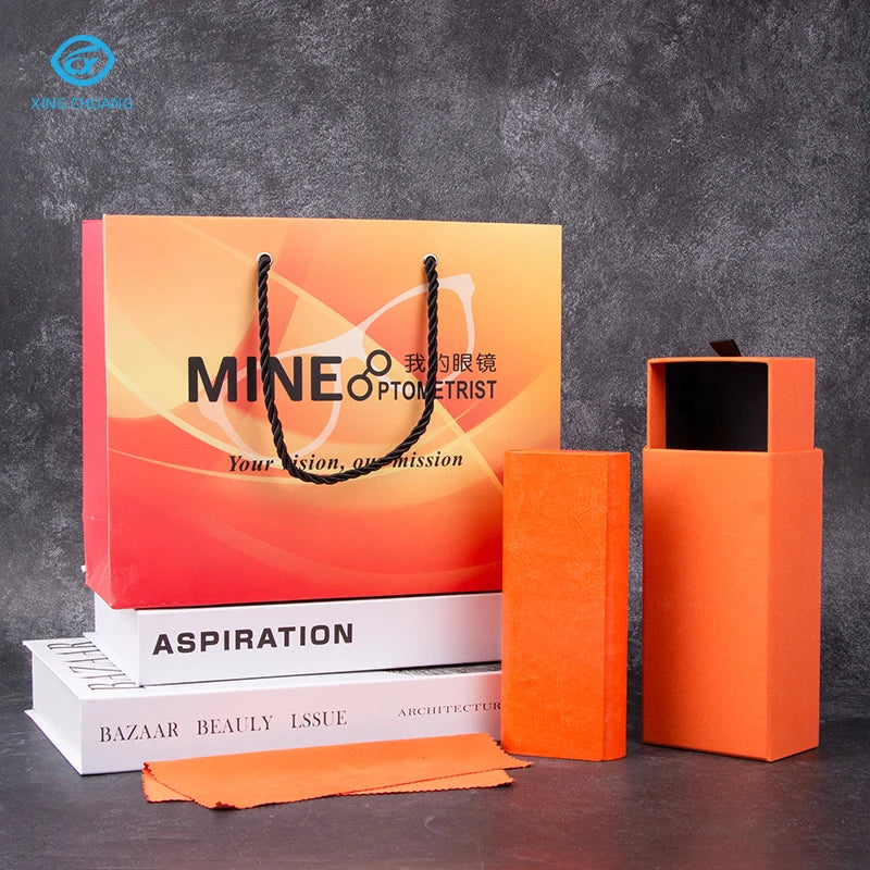 Factory Custom Orange Cloth Eyewear Package Set of Eyeglasses Cases & Bags Includes Drawer Box for Spectacles Storage