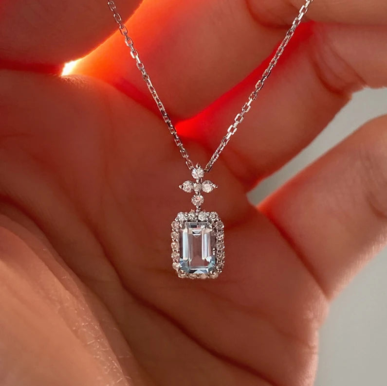 CAOSHI Sea Blue Rhinestone Silver Color Jewelry for Women Shiny Emerald Cut Crystal Rectangle Cubic Zirconia Pendant Necklace