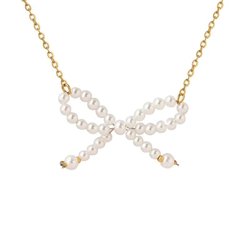 Korean-Style Sweet Imitation Pearl Bow Pendant Necklace 18K Gold-Plated Choker Jewelry  for Woman Party Tarnish Free