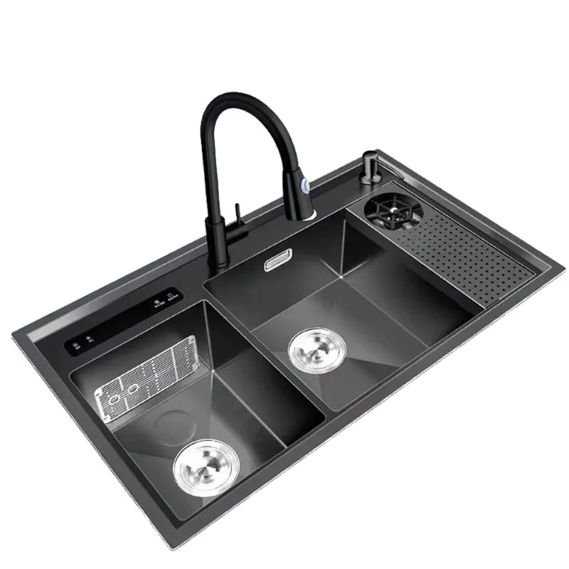 Handmade Ultrasonic Double Bowl Kitchen Sink Square Undermount with 304 Stainless Steel Smart Drainer