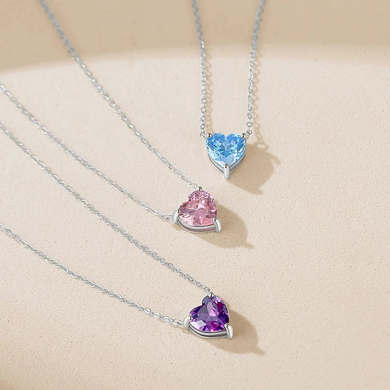 925 Sterling Silver Heart Pendant Necklace Cubic Zirconia Rhodium Plated Chain Trendy Perfect Fashionable Mother's Day Gift