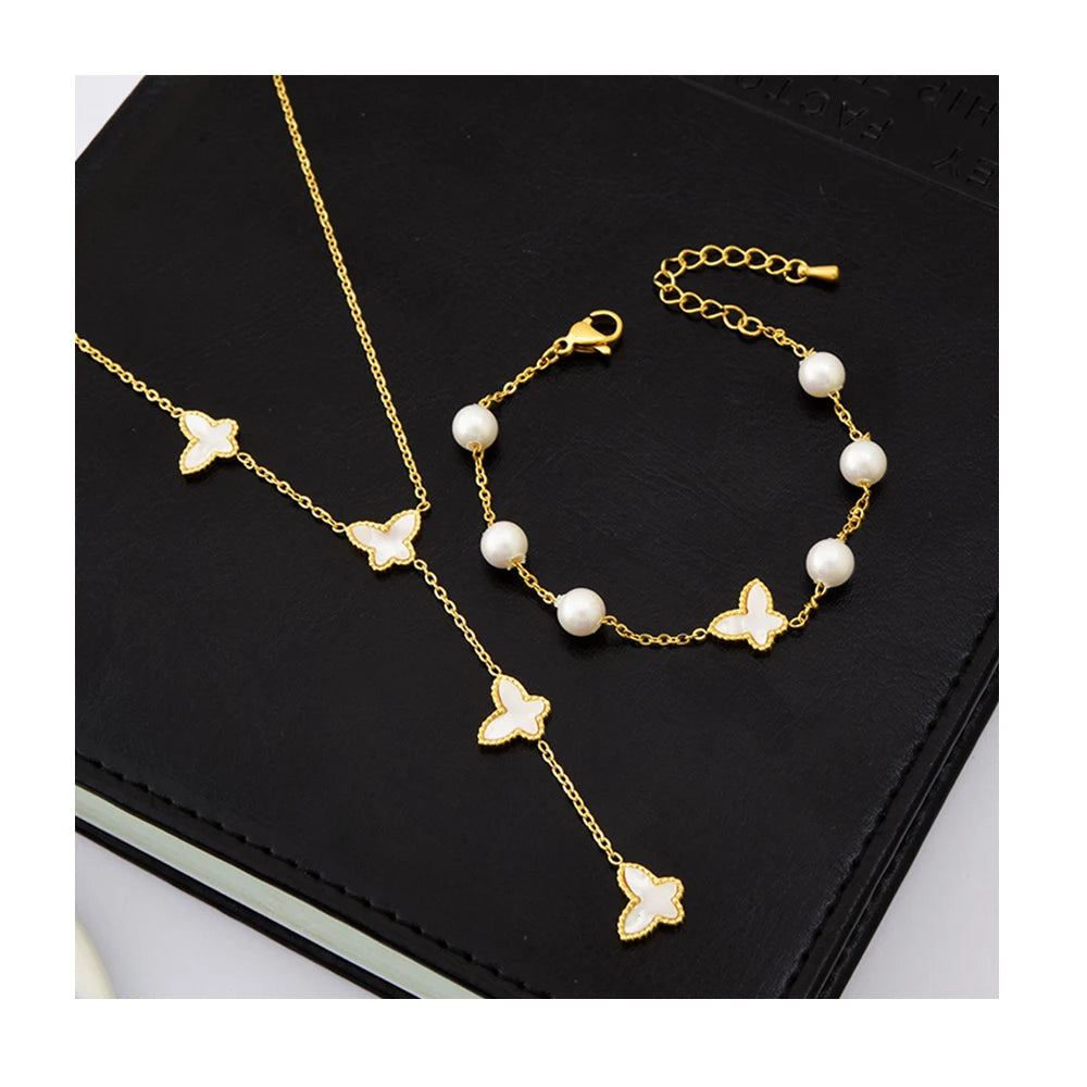 RisingMoon Collar Exquisite White Shell Butterfly Pearl Bracelet Necklace Set Tassels Stainless Steel Jewelry Set