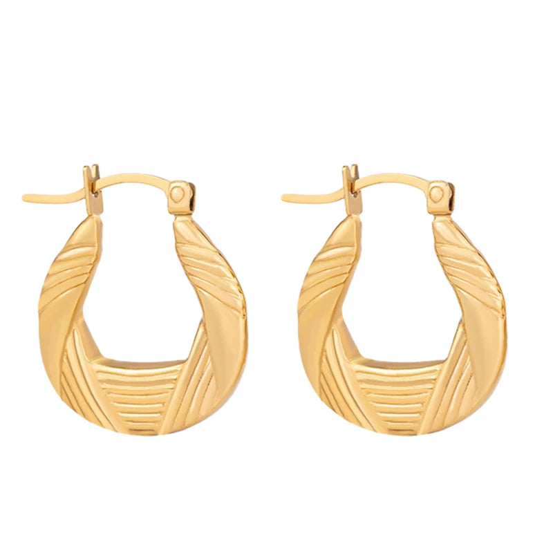 18K Gold PVD Plated Personalized Texture Earring Stainless Steel Chunky Geometric U Shaped Hoop Earring