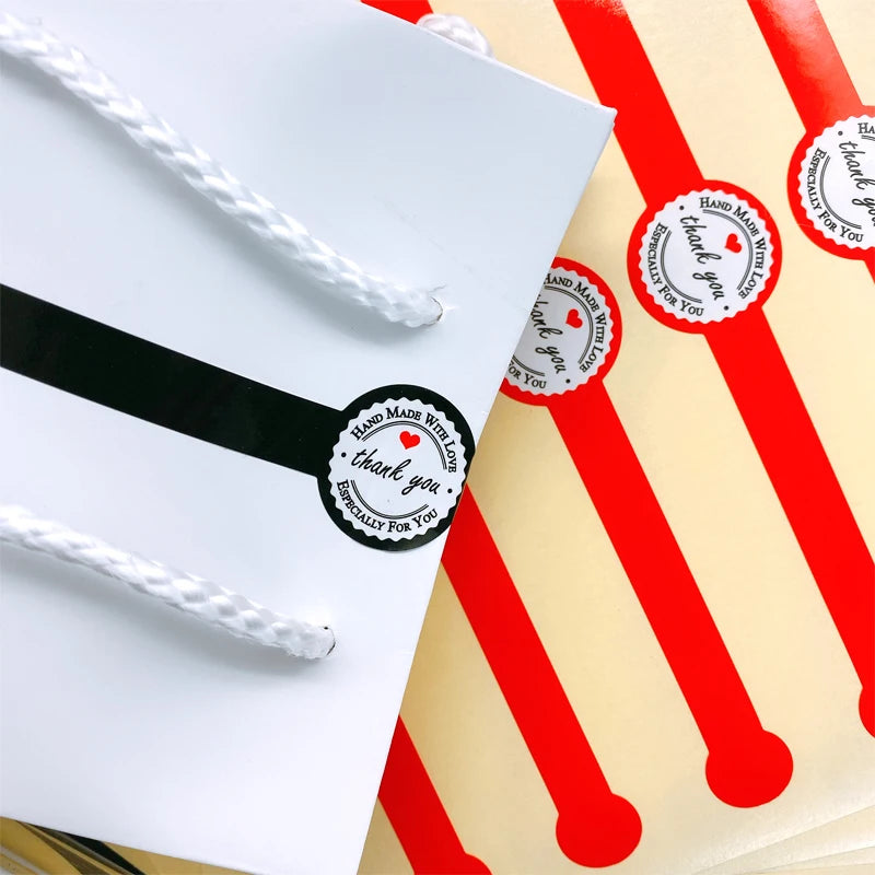 50Pcs/pack Red Black Thank You Hand Made with love Long Strip Kraft Label Sticker DIY for Gift Cake Baking Sealing Sticker