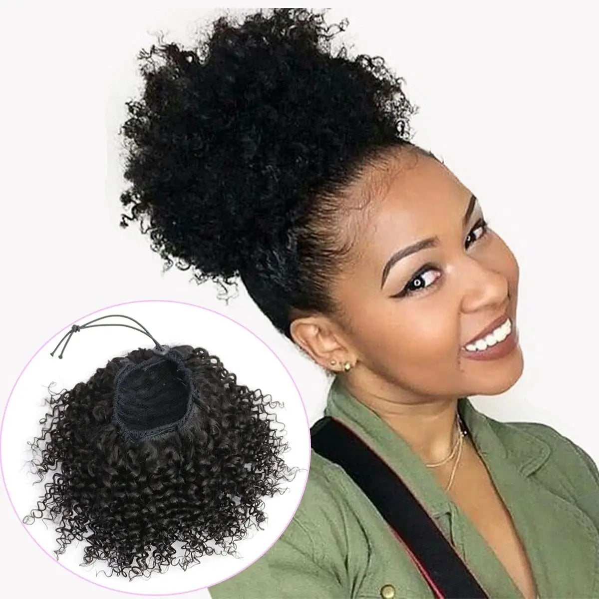FUJIA Natural Drawstring Ponytails Real Human Hair for African Black Women Short Afro Puffs Hair Buns Kinky Curly