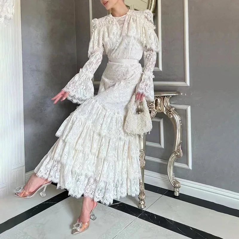 French Retro High-end Solid Floor-Length Summer New O-Neck Trumpet Sleeve Embroidered Organza Natural Waist Eco-Friendly Dress