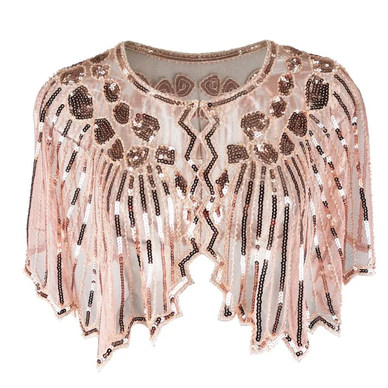 Retro Geometric Sequin Beaded Cape Vintage 1920s Shawl Wraps Flapper Cover up Women Lady Mesh Scarf for Party Evening Gown Shrug