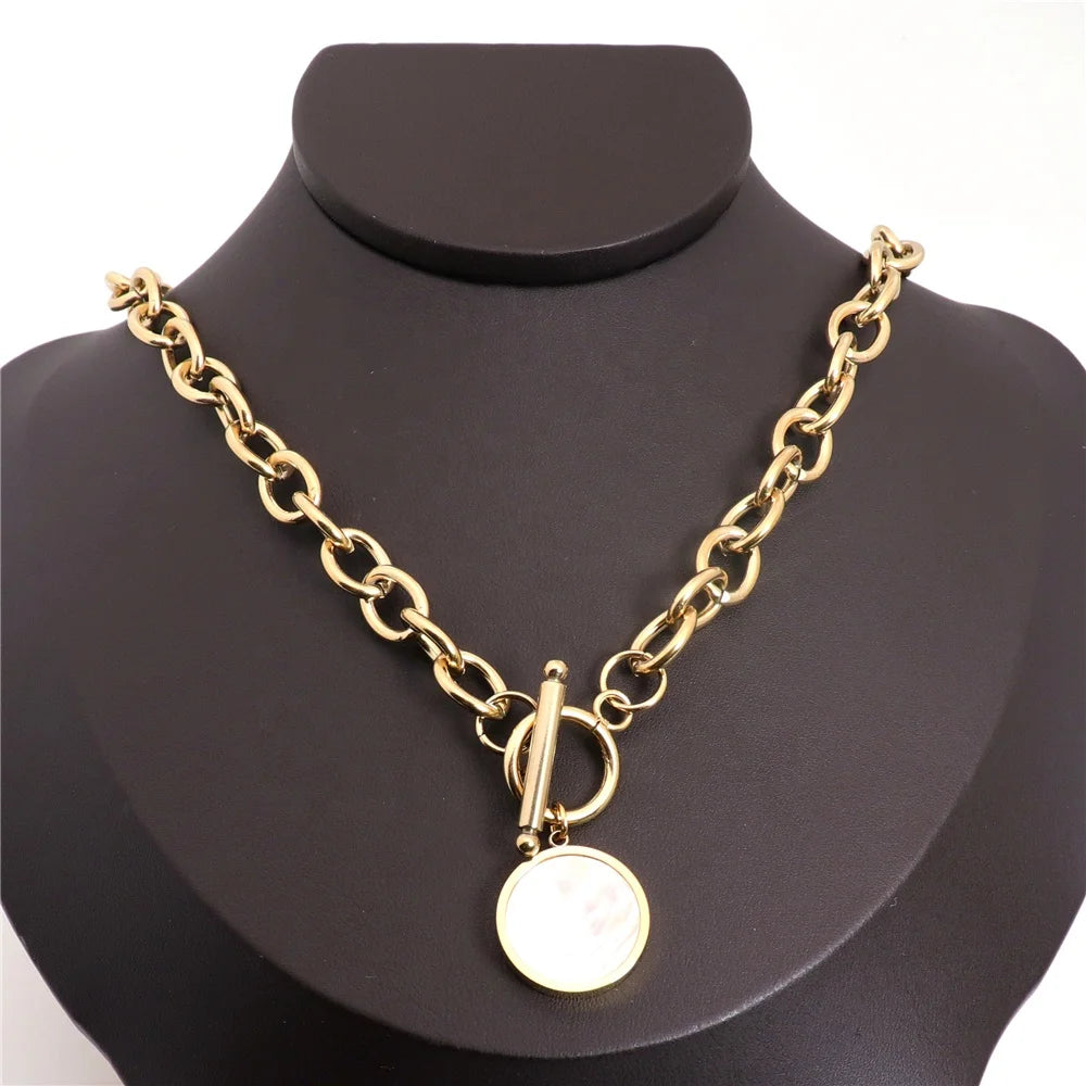 Thick Chain New Hip Pop Women Design Latest Shell Stone 18K Stainless Steel Women Gold Plated Necklace