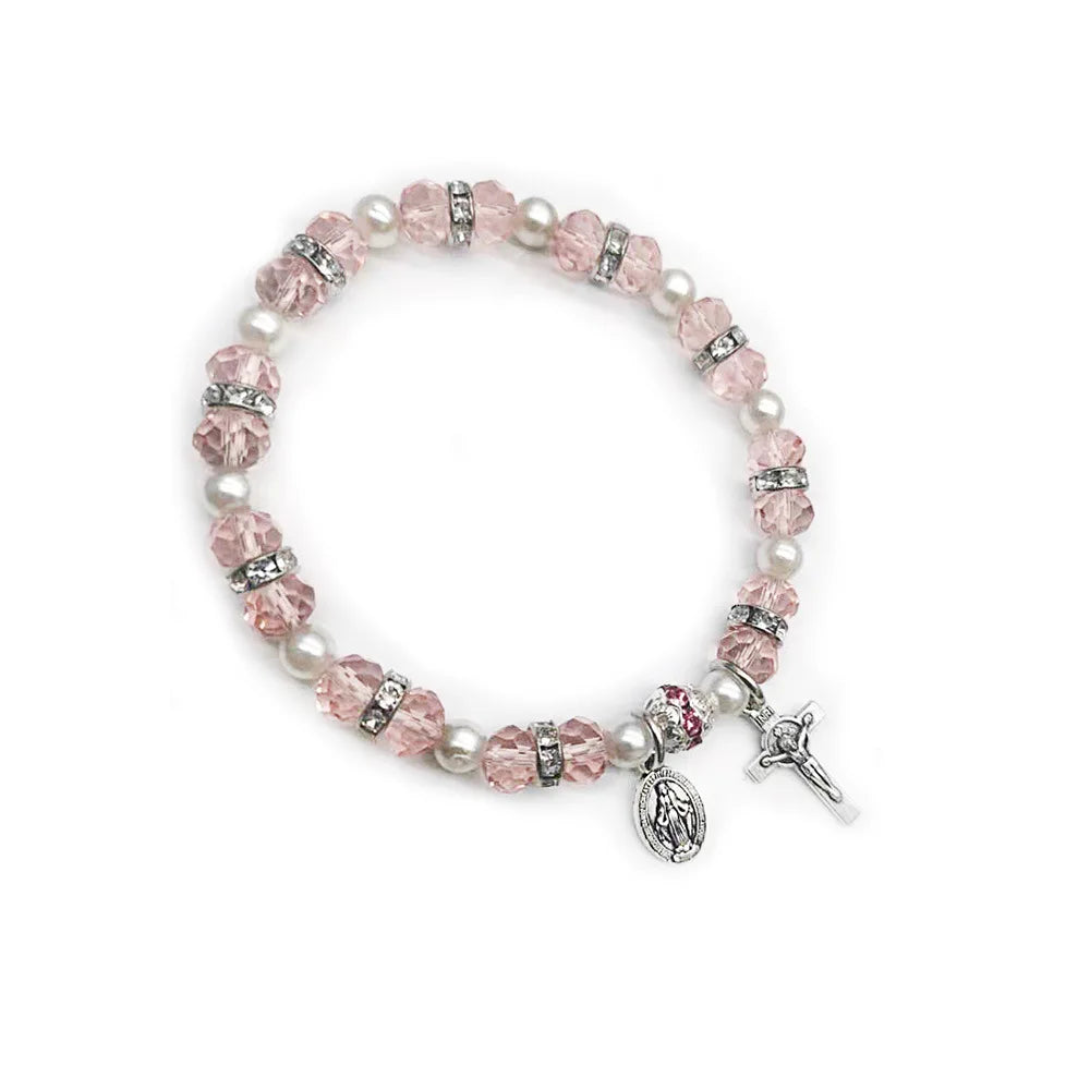 KDC1313 Wholesale Crystal Beads Crochet Rosary Elastic Stretch Religious Cross Bracelet