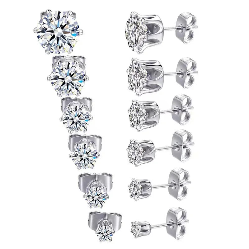 2023 Earrings Jewelry Zircon Earrings Women's Stainless Steel Round Clear Cubic Six Claws Zirconia Stud Earring