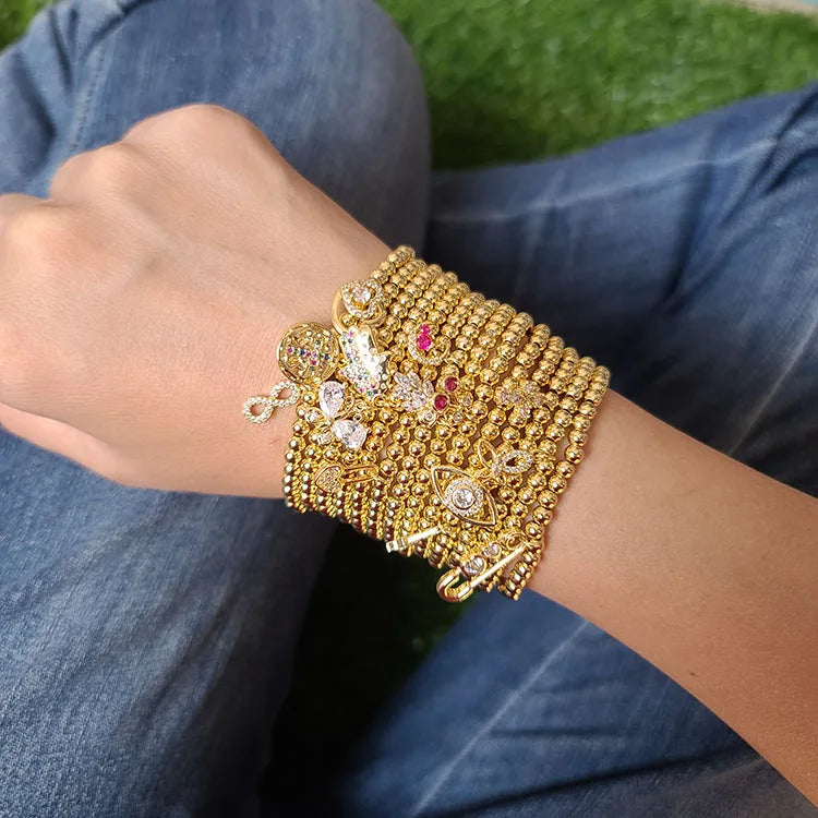 BC1381 4mm Tiny 18k Gold Ball Beaded Elastic Bracelet with CZ Heart Star Hamsa Hand Safety Pin Cross Charms for Ladies