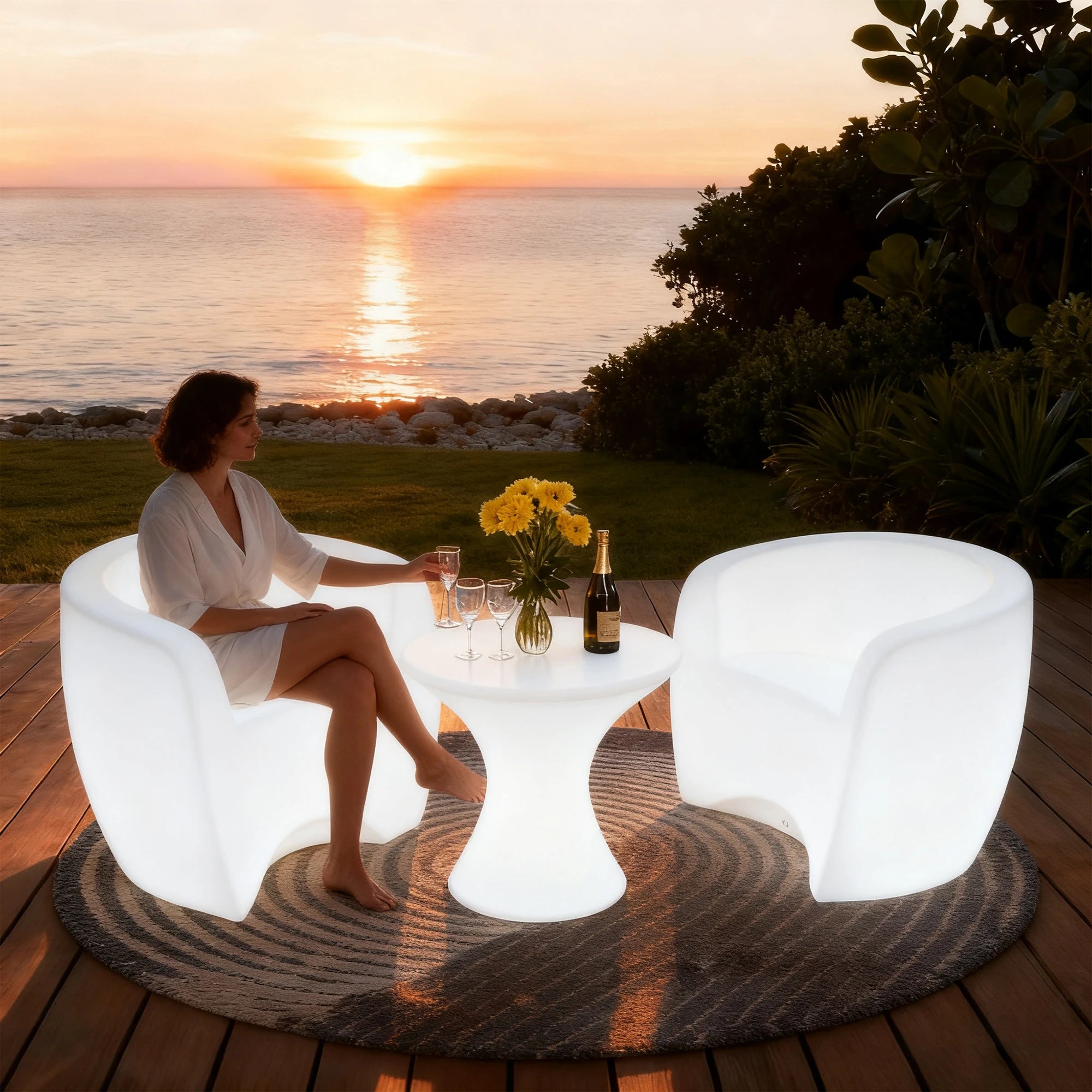 Bar Chairs in Hourglass Shaped for Nightclub Fashion Decor Outdoor LED Furniture Balcony Tables with Fancy Ambience