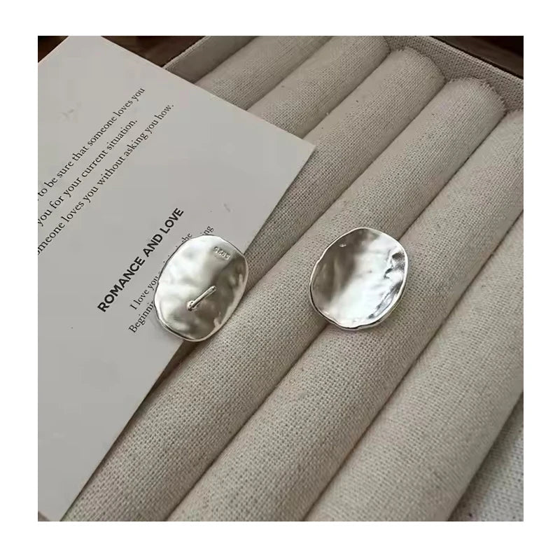 Geometric Japan Design Hammered Oval Round Chunky Stud Earrings 925 Sterling Silver Women Jewelry Gifts