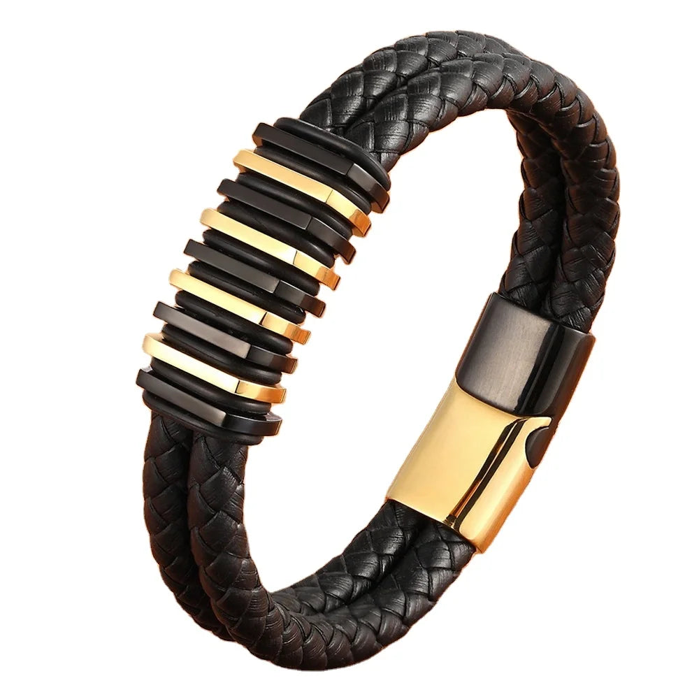 Classic Style Simulation Building Shape Stainless Steel Luxury Men's Leather Bracelet 4 Colors Simple Button for Birthday Gifts