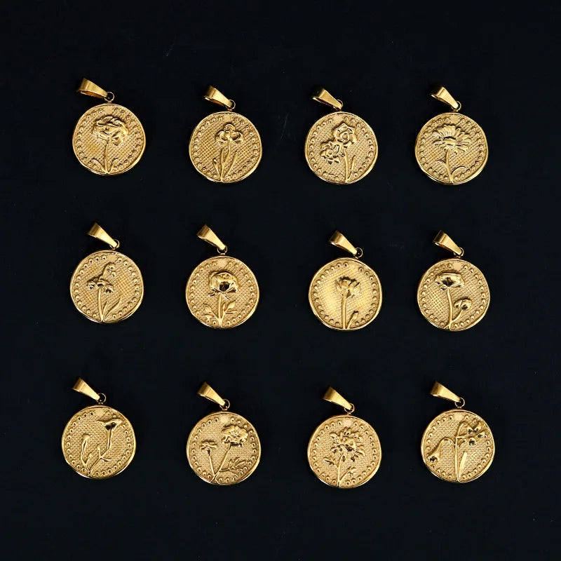 18K Gold Plated Stainless Steel Queen Pendant Coin 12 Month Flowers Zodiac Charm Pendant for Necklace for Jewelry Making