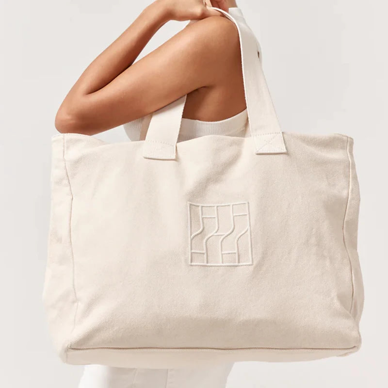 Custom Logo Embroidery Large Capacity Cotton Fabric Tote Bag Natural Extra Large Canvas Shopping Bag
