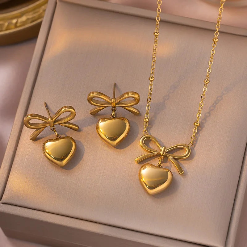 Fashion Waterproof 18K Gold Plated PVD Stainless Steel Smooth Heart Pendant Bow Stud Earring Girl
