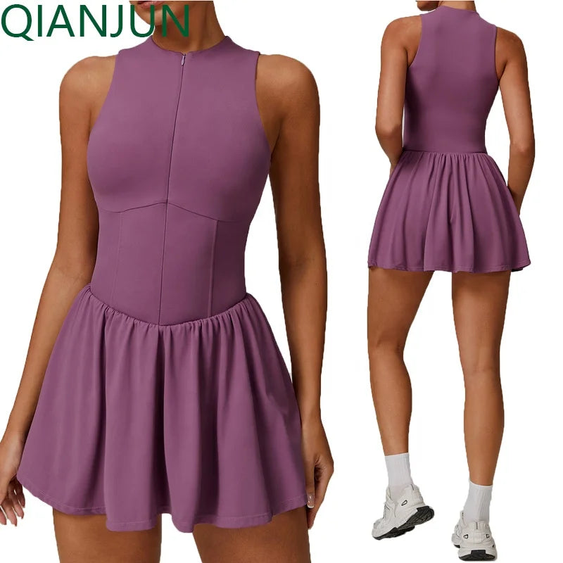 Women's Half Zipper Tennis Dress Custom Fitness Wear with Stand-Up Collar Breathable Sports Bodysuit for Activity