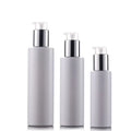Custom logo Empty White PET Flat Bottle 100ml 150ml 200ml Lotion Bottle Cosmetic Package Pump Bottle with SILVER Pump Head