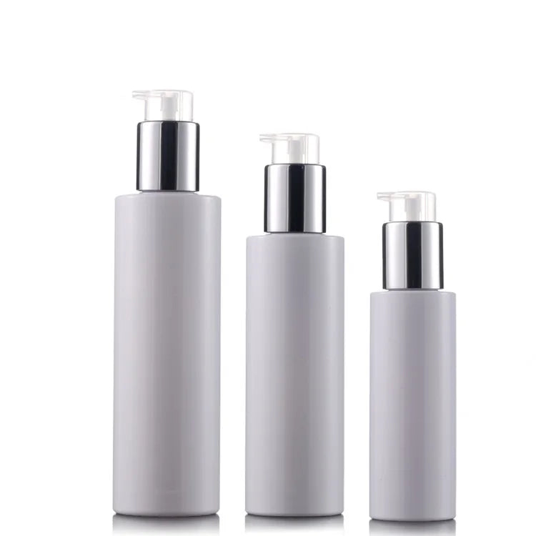 Custom logo Empty White PET Flat Bottle 100ml 150ml 200ml Lotion Bottle Cosmetic Package Pump Bottle with SILVER Pump Head