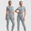 Custom Seamless Rib-knit Activewear Push up High Waist Gym Leggings Short Sleeve Tops Women's Yoga Set