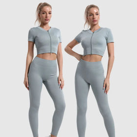 Custom Seamless Rib-knit Activewear Push up High Waist Gym Leggings Short Sleeve Tops Women's Yoga Set