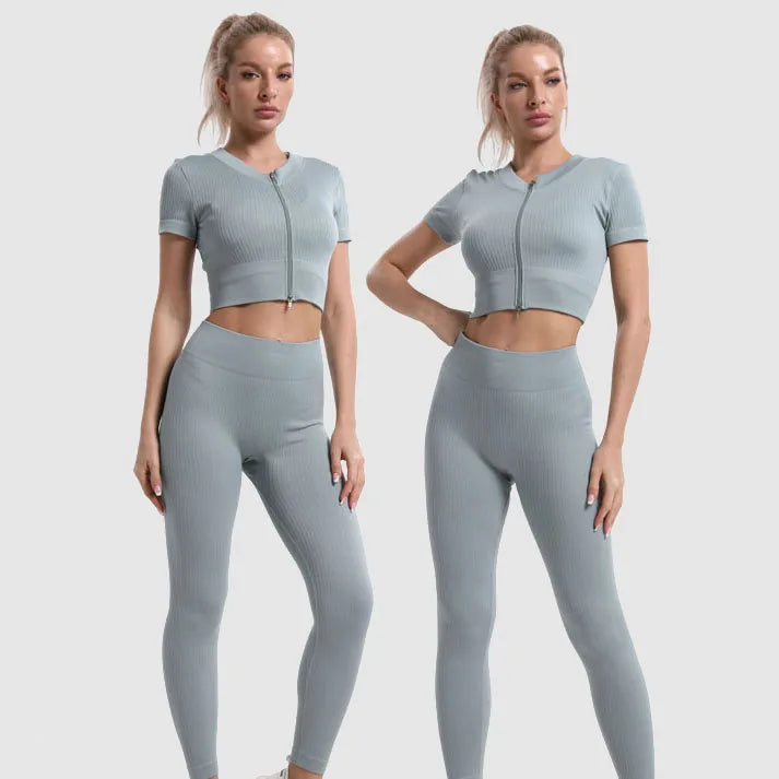 Custom Seamless Rib-knit Activewear Push up High Waist Gym Leggings Short Sleeve Tops Women's Yoga Set