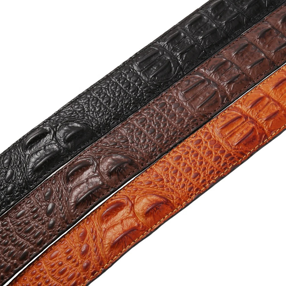 Factory Custom Design Wholesale Fashion Crocodile Texture Cowhide Leather Ratchet Strap Belts Without the Buckle for Men